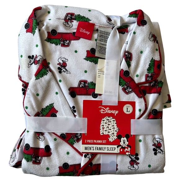 NEW DISNEY Christmas Pajamas Unisex Size Large Red Trucks Christmas Tree Button - Picture 1 of 6